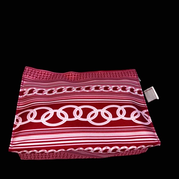 Clinique Handbags - Clinique Pink White Makeup Bag Cosmetic Zipper Stripes Links Travel